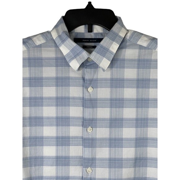 Perry Ellis Mens Button Down Stretch Cotton Shirt Oeko-Tex S/S Blue White Medium - Picture 1 of 7